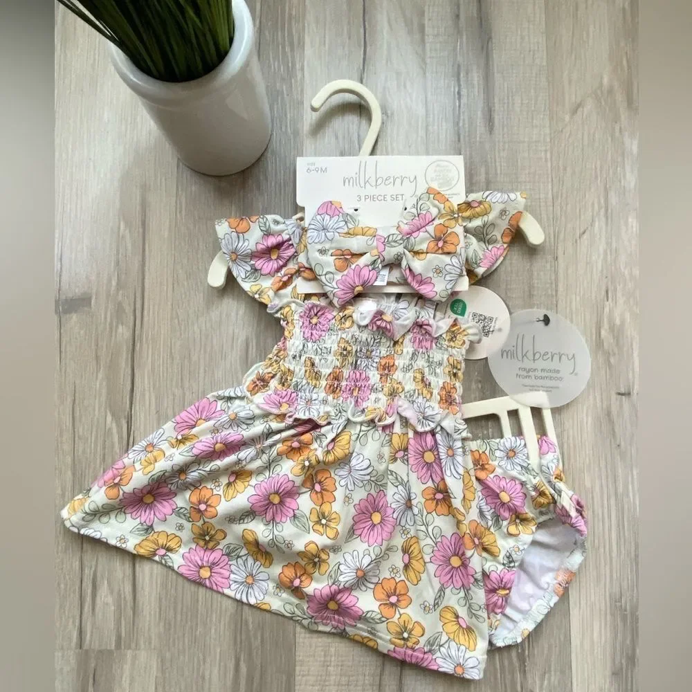 Milkberry Bamboo 3 piece Floral Baby Dress Set